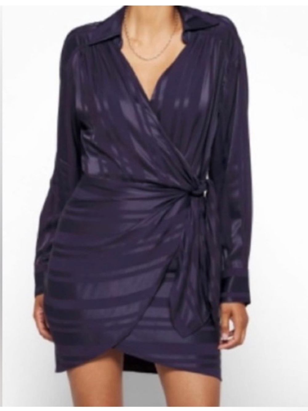 MILLY Women's Navy Jordan Striped Satin Long Sleeve  Faux Wrap Dress M
